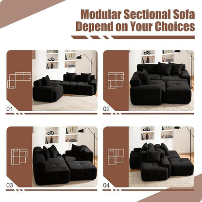 135" Cloud Couch Sectional with 2 Ottoman, U-Shaped Boneless Sofa,Modern Modular Couch, Pineapple Grid Fabric with Foam & Spring Filling for Living Room, No Assembly Required (Black, 4seates)