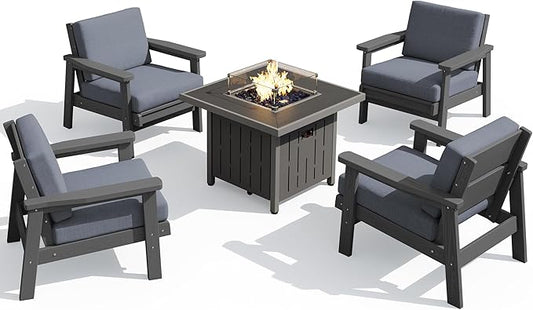 SERWALL Patio Furniture Set with 33” Fire Pit Table, HDPE Outdoor Sectional Sofa Set with Thickened Cushions, Grey Frame with Grey Cushions