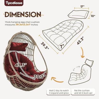 Outdoor Hanging Egg Chair Cushion Replacement, Thicken Egg Chair Cushion Waterproof Basket Eggs Chairs Cushion with Headrest Pillow, U-Shaped Cushions for Hanging Eggs Chairs Swing (Red)