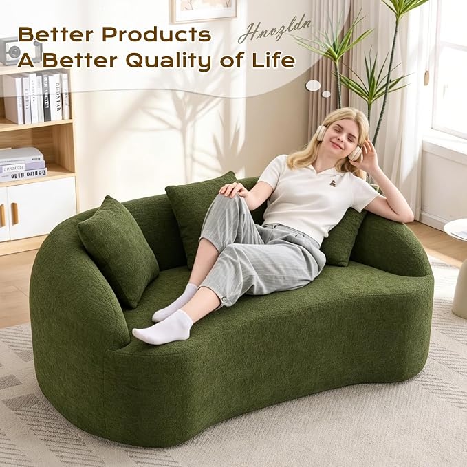 66" Curved Loveseat Sofa for Small Space, Boneless Chenille Boucle Cloud Couch, Luxury Extra High Back & Deep Seat, Oversized Comfort with No Assembly Required for Office, Dorm (Green)