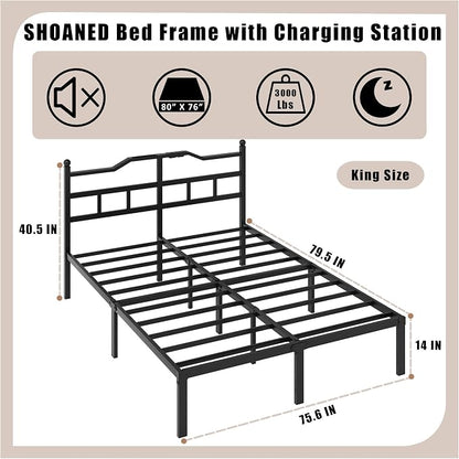 SHOANED Metal Bed Frame with Charging Station - 14 Inch King Size Heavy Duty Bedframe with Headboard Black Basic Steel Slats Platform No Box Spring Needed/Noise Free