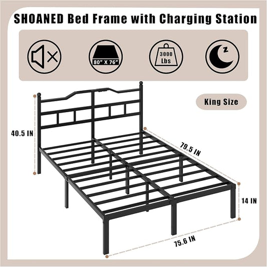 SHOANED Metal Bed Frame with Charging Station - 14 Inch King Size Heavy Duty Bedframe with Headboard Black Basic Steel Slats Platform No Box Spring Needed/Noise Free