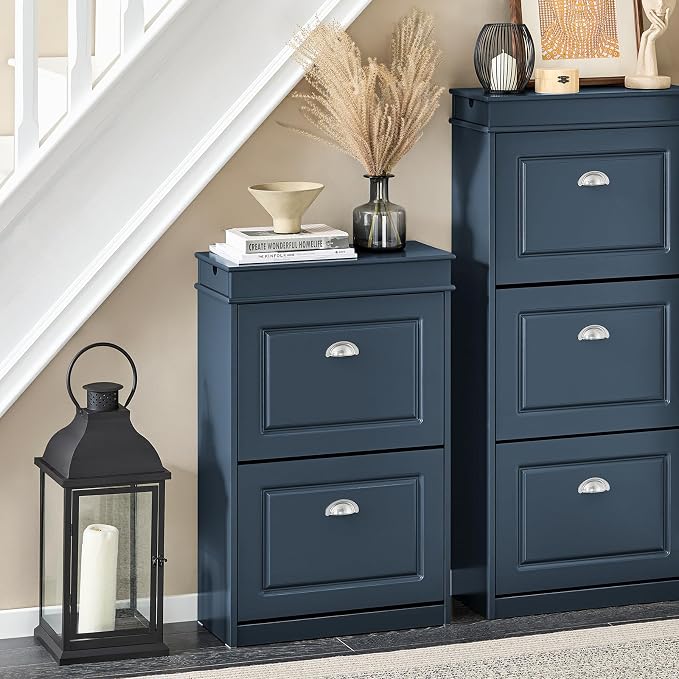 Haotian Slim Shoe Cabinet, Shoe Rack with Doors, Shoe Storage Cupboard Organizer Unit for Entryway 2 Flip-Drawers, Hallway and Bedroom Navy FSR78-B
