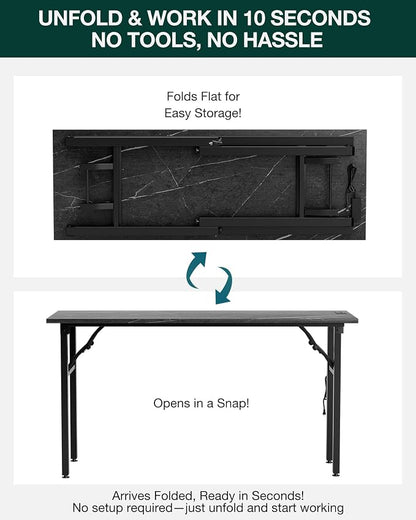 Frylr Small Folding Computer Desk – 55.1 Inch Portable Table for Craft and Study, Lightweight Desk for Small Spaces, Foldable Laptop Table Built-in AC/USB Outlets for Convenience, Marble Greige