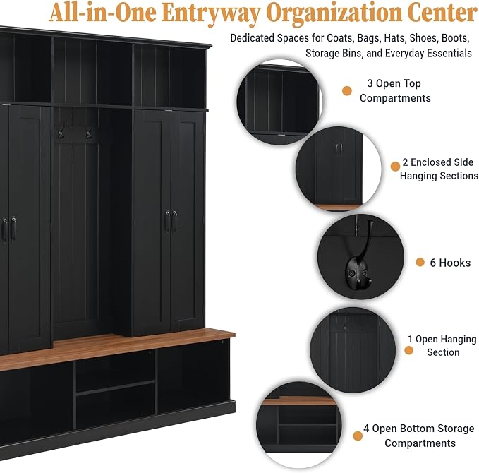 Hall Tree with Bench and Shoe Storage,Shoe and Coat Rack with Drawer and Hooks,Farmhouse Furniture for Entryway,Mudroom,Living Room,Black (Black, 62.2" W)