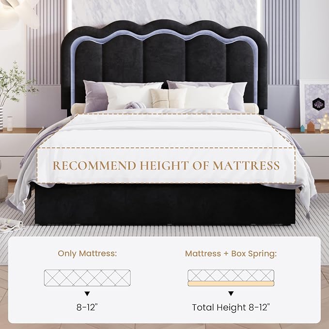 SHA CERLIN Upholstered Full Size Bed Frame with LED Lights and Large Storage Drawer, Velvet Platform Bed with Adjustable Wavy Headboard, Noise Free, Easy Assembly, No Box Spring Needed, Soft Black