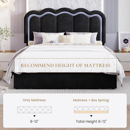 SHA CERLIN Upholstered Full Size Bed Frame with LED Lights and Large Storage Drawer, Velvet Platform Bed with Adjustable Wavy Headboard, Noise Free, Easy Assembly, No Box Spring Needed, Soft Black