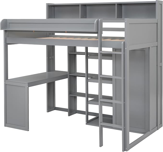 Ball & Cast Twin Size Loft Bed with Stair & Safety Guardrail,Wood Bedframe with Storage Drawer,2 Wardrobes & Mirror,Space Saving,No Box Spring Needed,Versatile Bedroom Furniture for Boys Girls,Gray