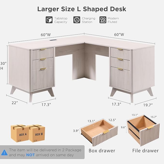 T4TREAM 60" Fluted Executive L Shaped Desk, Modern Home Office Desk with Charging Station and File Drawer, Computer Corner Desks with Drawers & Storage Cabinet for Office Home, Bedroom, Alder White