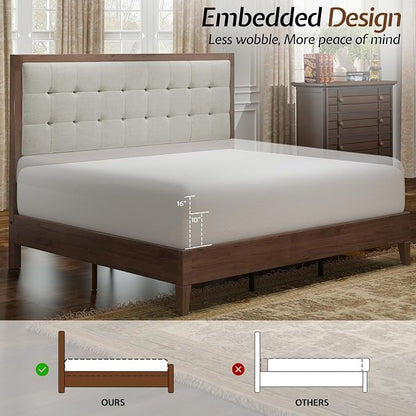 Jocisland Solid Wood Full Size Bed Frame 50.2" Tall Upholstered Headboard, Mid-Century Style, Stable Platform Support, No Box Spring Needed, Walnut