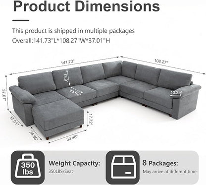 Oversized L Shaped Sectional Couch for Living Room, Extra Large Deep Seat Modular Sectional Sofa with Washable Covers, Modern Cloud Couch for Apartment, Bedroom (Light Gray, Corner V Shape 7 Seat)