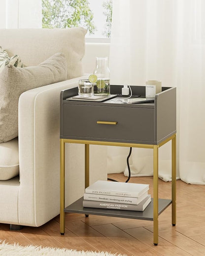 Masupu Nightstand with Charging Station,3-Tier Modern Bedside Night Stand with Storage Drawer and Shelf,Small End Side Table for Bedroom,Living Room,Grey