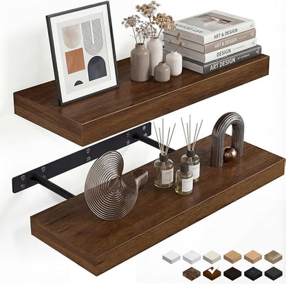 Walnut Floating Shelves for Wall, 24 in Wall Mounted Shelves Perfect for Bedroom, Bathroom, Living Room and Kitchen Decoration Storage（Set of 2）