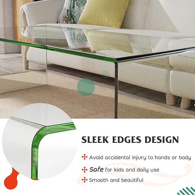Tangkula Glass Coffee Table, 40"L × 19.5"W ×13.5" H, Modern Home Furniture, 0.5" Clear Tempered Glass End Table, International Occasion Tea Table, Waterfall Table with Rounded Edges (Clear)