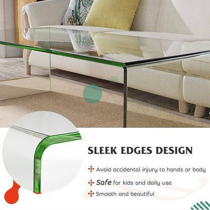 Tangkula Glass Coffee Table, 40"L × 19.5"W ×13.5" H, Modern Home Furniture, 0.5" Clear Tempered Glass End Table, International Occasion Tea Table, Waterfall Table with Rounded Edges (Clear)