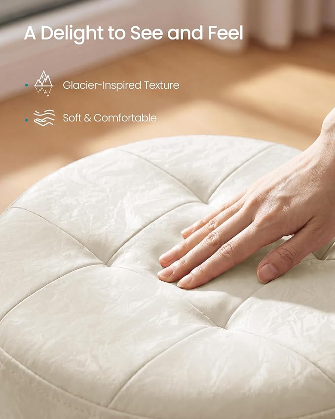 SONGMICS Mazie Collection - Round Storage Ottoman, Folding Footrest Stool with Removable Lid, Easy Assembly, PU Leather Vanity Stool for Bedroom, Living Room, Entryway, Cream White ULSF609WD01