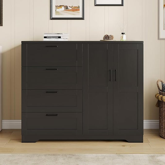 GarveeHome Multifunctional Wooden Dresser for Bedroom, 43.3 in H 2 Door Wardrobe Armoire Closet with 4 Drawers and Hanging Rod, Low Storage Cabinet for Hanging Cloth, Black