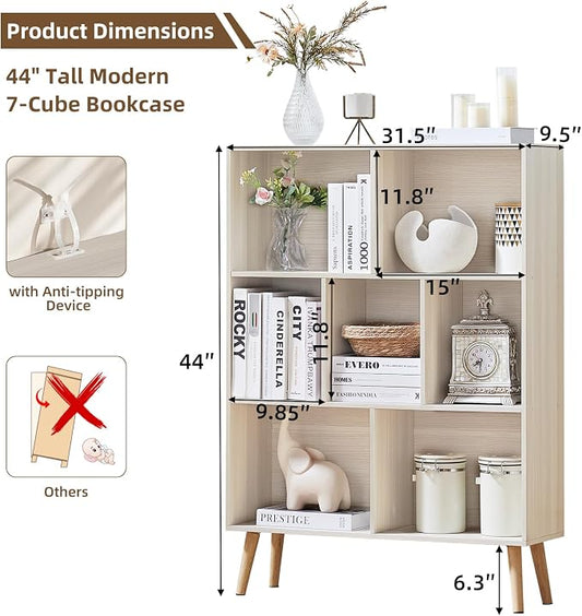LEYAOYAO Cube Bookshelf 3 Tier Mid-Century Light Grey White Modern Bookcase with Legs,Retro Wood Bookshelves Storage Organizer Shelf,Freestanding Open Book Shelves for Bedroom,Living Room,Office