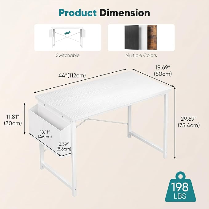 OLIXIS Computer Desk, 44 Inch Home Office Desks for Small Spaces, Writing Craft Study Gaming Table for Bedroom, Modern Computer Workstation with Storage Bag, All White