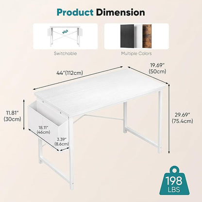 OLIXIS Computer Desk, 44 Inch Home Office Desks for Small Spaces, Writing Craft Study Gaming Table for Bedroom, Modern Computer Workstation with Storage Bag, All White