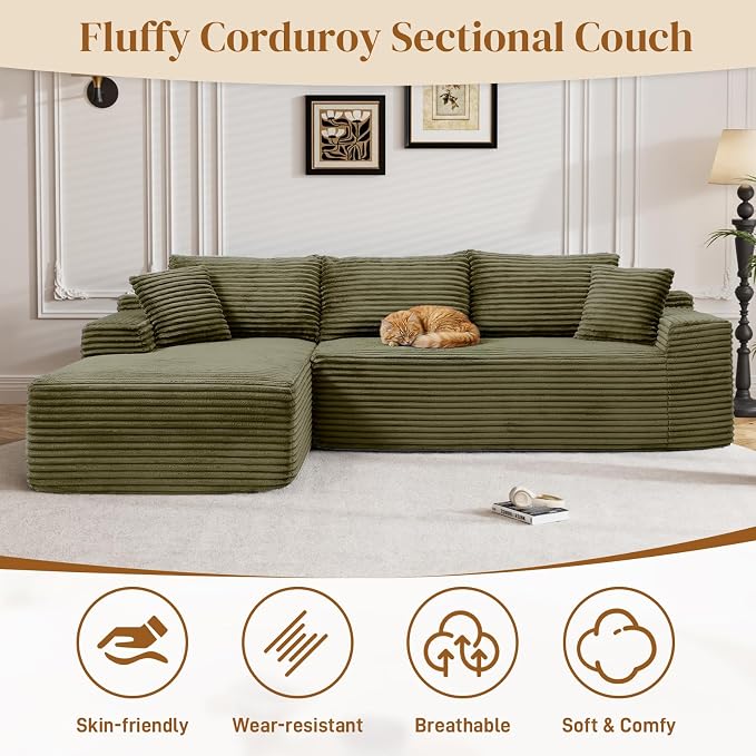 95" L Shaped Boneless Sectional Couches, Wide Armrest, Deep Seat, Memory Foam, Assembly Free, Modern Comfy Corduroy Fluffy Cloud Sofa with Left Chaise for Living Room, Small Spaces, Green