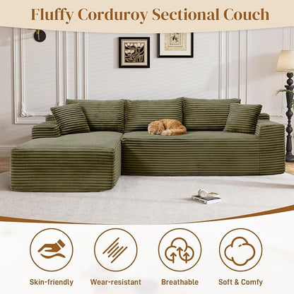 95" L Shaped Boneless Sectional Couches, Wide Armrest, Deep Seat, Memory Foam, Assembly Free, Modern Comfy Corduroy Fluffy Cloud Sofa with Left Chaise for Living Room, Small Spaces, Green