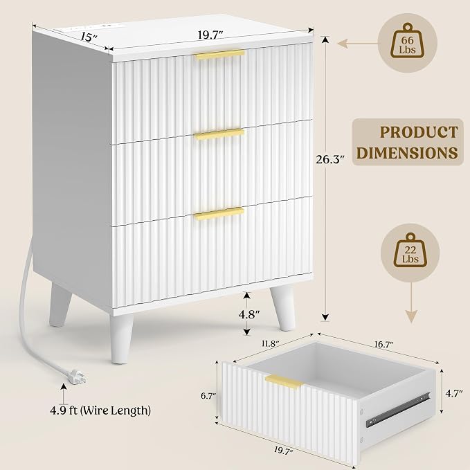 Lulive Modern Dresser and Nightstand Sets 3-Piece, 6-Drawer Dresser + 2 White Night Stands with Charging Station Bedroom Sets Solid Wood Legs (White)
