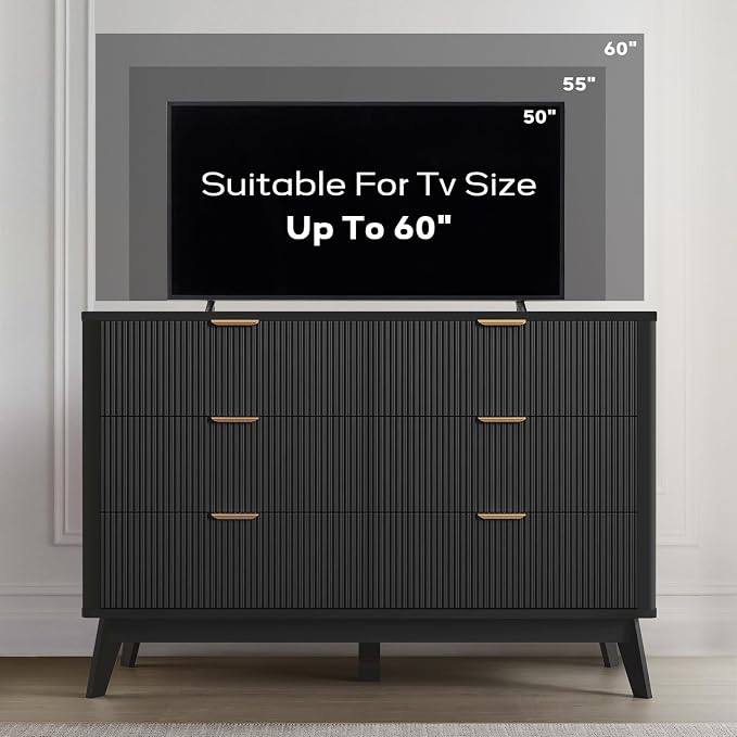 SUNWAVE 6 Drawer Dresser for Bedroom, 49.6" Wide Modern Fluted Dresser with Round Corner, Wood Chest of Drawers for Living Room (Black)