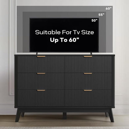SUNWAVE 6 Drawer Dresser for Bedroom, 49.6" Wide Modern Fluted Dresser with Round Corner, Wood Chest of Drawers for Living Room (Black)