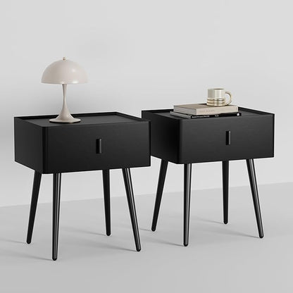 Nightstand Set of 2 with Single Drawer, Leather Side Table, Modern Bedside Table with Metal Legs for Bedroom, Small Accent End Table, Black