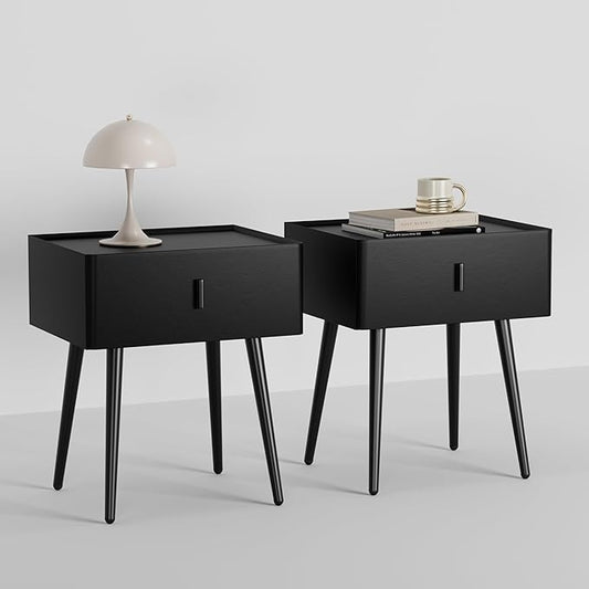 Nightstand Set of 2 with Single Drawer, Leather Side Table, Modern Bedside Table with Metal Legs for Bedroom, Small Accent End Table, Black