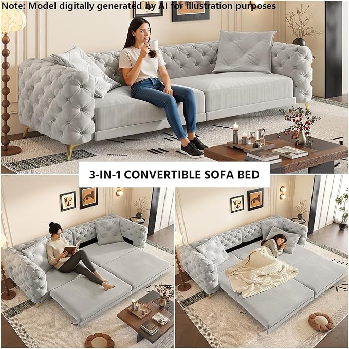 97.7'' Pull Out Sofa Bed King, Chesterfield Velvet Sleeper Sofa, Convertible L-Shaped Futon Couch, Tufted Back, Ottoman, Deep Seat Loveseat Couches for Living Room, Apartment, Light Gray