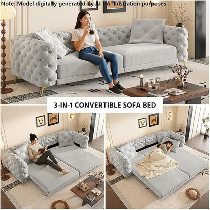 97.7'' Pull Out Sofa Bed King, Chesterfield Velvet Sleeper Sofa, Convertible L-Shaped Futon Couch, Tufted Back, Ottoman, Deep Seat Loveseat Couches for Living Room, Apartment, Light Gray
