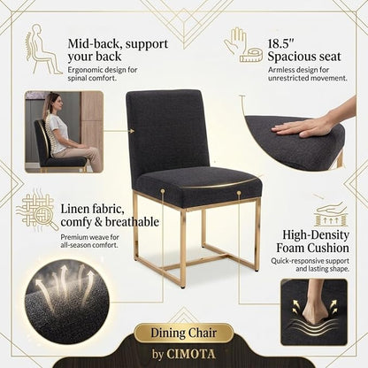 CIMOTA Black Modern Dining Chairs Set of 2, Upholstered Dining Room Chairs Armless Guest Side Chair with Gold Base for Dining Room/Kitchen, Charcoal Black, 2PCS