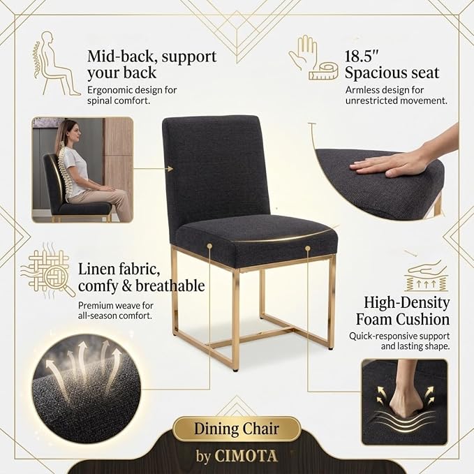 CIMOTA Black Modern Dining Chairs Set of 4, Upholstered Linen Dining Room Chairs Armless Side Chair with Gold Base for Kitchen, Charcoal Black, 4PCS