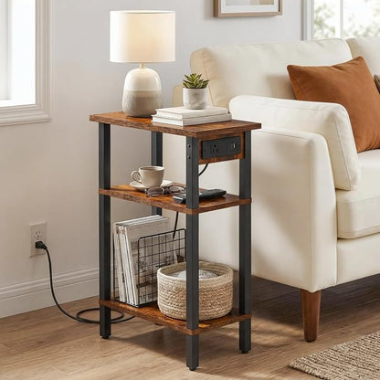 HOOBRO Narrow Side Table, Set of 2, 3-Tier Slim End Table with Charging Station, Skinny Nightstand with Open Storage, for Small Spaces, Living Room, Bedroom, Study, Rustic Brown and Black BF340UBZP201