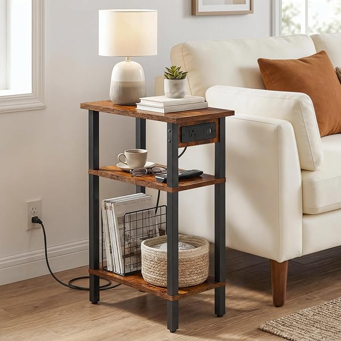 HOOBRO Narrow Side Table, 3-Tier Slim End Table with Charging Station, Skinny Nightstand with Open Storage, for Small Spaces, Living Room, Bedroom, Study, Rustic Brown and Black BF340UBZ01