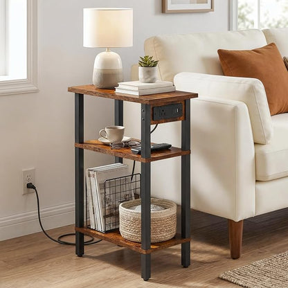 HOOBRO Narrow Side Table, 3-Tier Slim End Table with Charging Station, Skinny Nightstand with Open Storage, for Small Spaces, Living Room, Bedroom, Study, Rustic Brown and Black BF340UBZ01