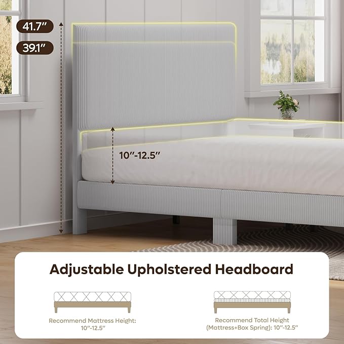 Bestier Queen Bed Frame with Headboard LED Lighting,Upholstered,Light Grey | LED Light Headboard,Easy Assembly,No Squeaks,Vertical Channel Corduroy Upholstered,Wood Slats Support,No Box Spring Needed