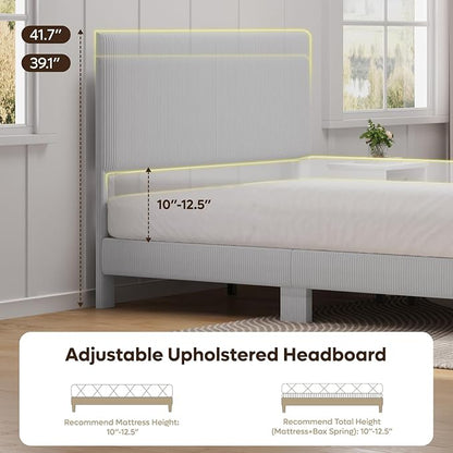 Bestier Queen Bed Frame with Headboard LED Lighting,Upholstered,Light Grey | LED Light Headboard,Easy Assembly,No Squeaks,Vertical Channel Corduroy Upholstered,Wood Slats Support,No Box Spring Needed