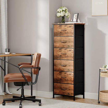 Somdot Tall Dresser for Bedroom with 6 Drawers, Storage Organizer Chest of Drawers with Removable Fabric Bins for Closet Bedside Living Room Laundry Entryway Hallway, Wood Grain Print