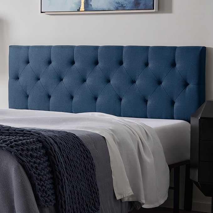 Lucid Mid-Rise Upholstered Headboard - Diamond Tufted - Padded Polyester - Adjustable Height from 34” to 46” - Easy Assembly - Bed Frame or Wall Mount - Sturdy - Cobalt - Queen Size