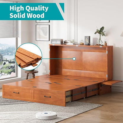 BALUS Queen Murphy Bed, Cabinet Bed with Built-in USB Ports & Storage Drawer, Space-Saving Modern Murphy Beds Cabinet Guest Beds for Office, No Mattress- Cherry