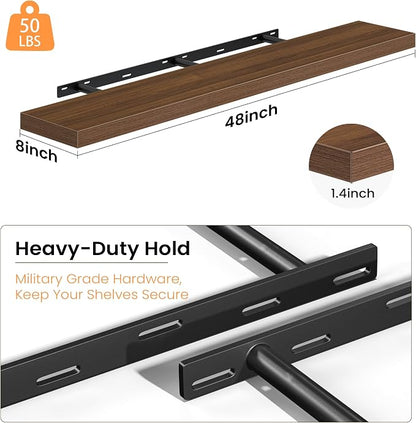 Fun Memories 48 Inch Floating Shelves - Fireplace Mantel Shelf - Deep Wall Mounted Wood Storage Shelf for Bedroom, Kitchen, Farmhouse - 1 Pack, Walnut