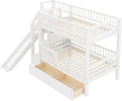 RUNNA Twin Over Twin Bunk Bed with Slide, Storage Drawers, White | Built for kids who play hard and parents who hate clutter. Sturdy wood, safety rails & easy-access drawers—one bed, zero mess