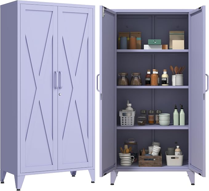 61" Tall Farmhouse Metal Pantry Cabinet with 3 Adjustable Shelves, 4-Tier Storage Organizer, 2-Door Freestanding Storage Cabinets, Easy Assembly, for Kitchen, Entryway, Home Office, Kids Room, Purple
