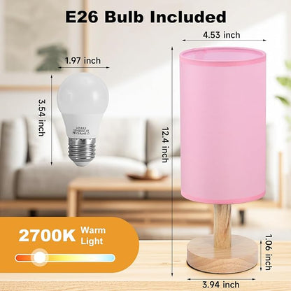 Pink Small Bedside Table Lamp for Bedroom,Natural Round Wood Base&Fabric Linen Shade,Cozy Night Table Light for Study Reading,Minimalist Boho Desk Lamp for Nightstand,Living Room,Nursery,Kitchen,Dorm
