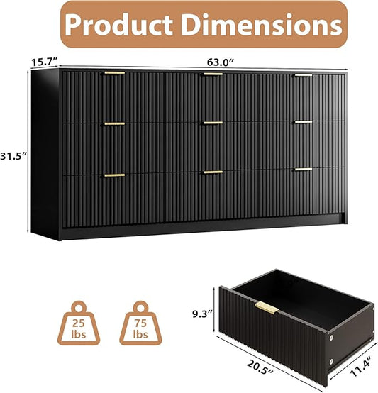 MAISONARIA 3-Piece Dresser Bedroom Set, 9 Drawer Dresser & 2 Drawer Nightstands with Gold Handles, Fluted Wood Chest of Drawers for Bedroom, Living Room, Entryway, Black