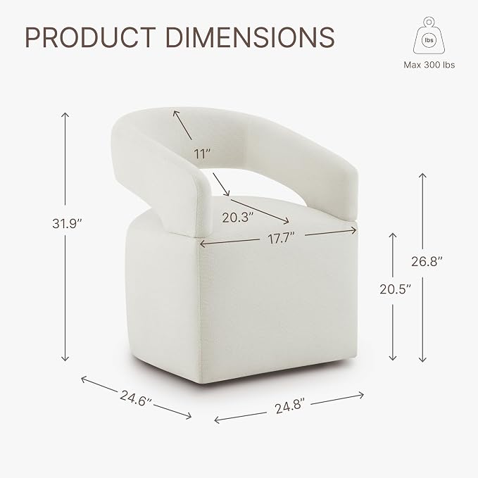 KISLOT Upholstered Dining Chairs Set of 1, Modern Rolling Dining Chairs with Hidden Casters, Arm Kitchen Chairs with Linen Look Fabric, Padded Barrel Chairs for Dining Room, Kitchen, Bedroom, Ivory