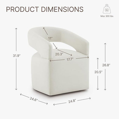 KISLOT Upholstered Dining Chairs Set of 1, Modern Rolling Dining Chairs with Hidden Casters, Arm Kitchen Chairs with Linen Look Fabric, Padded Barrel Chairs for Dining Room, Kitchen, Bedroom, Ivory